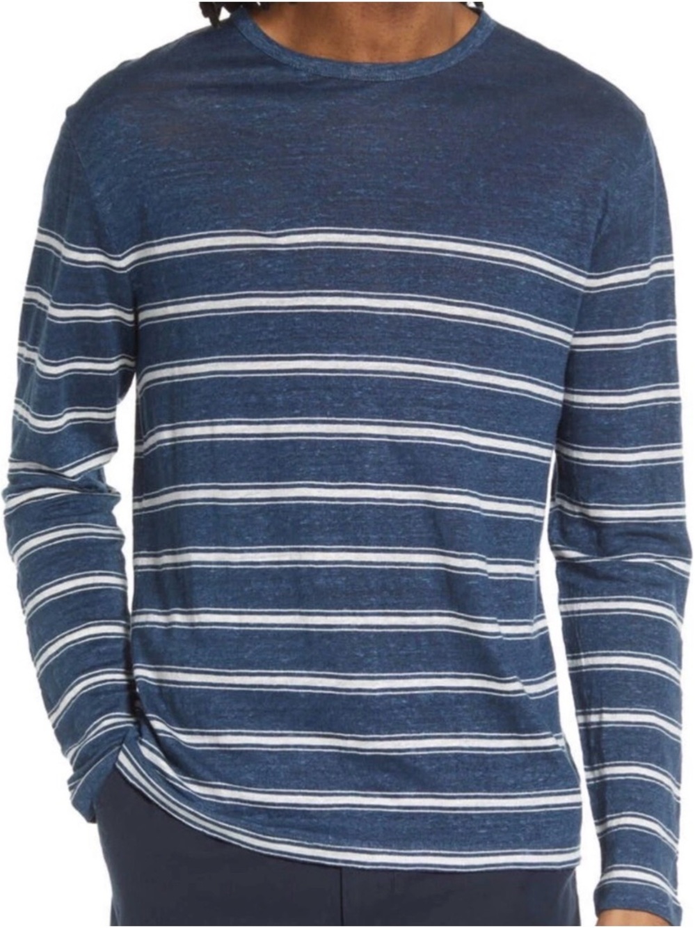 Vince Blue White Stripes 100% Linen Men Knitted Sweater Size Medium Long Sleeve